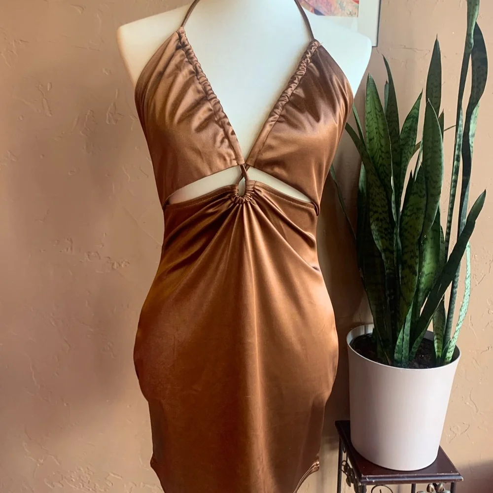 NWT Brown Shiny Body Control Halter Cocktail Mini Dress - Picture 9 of 11